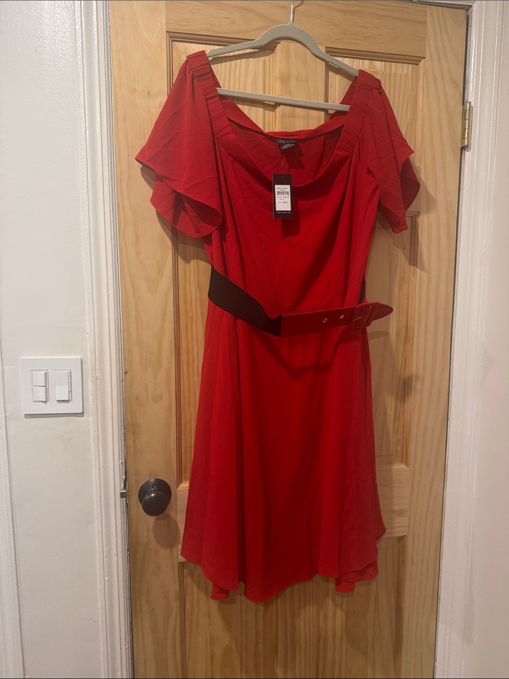 City Chic Red Flutter-Sleeve Belted Mini Dress